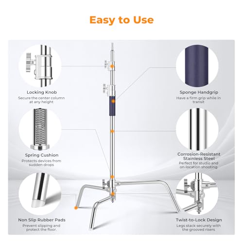 K&F CONCEPT Heavy Duty C Stand 10.8ft/330cm with Holding Arm Sandbag, 2*Grip Head Stainless Steel Photography Light Stand C-Stand Sturdy for Studio Monolight, Softbox, Reflector