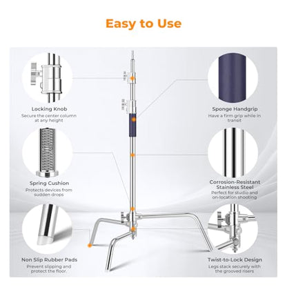 K&F CONCEPT Heavy Duty C Stand 10.8ft/330cm with Holding Arm Sandbag, 2*Grip Head Stainless Steel Photography Light Stand C-Stand Sturdy for Studio Monolight, Softbox, Reflector
