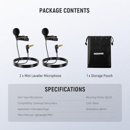 NEEWER ø4mm Mini Lavalier Microphone (2 Pack), Clip On Wired Condenser Lapel Lav Mic Set with 5ft/1.5m 3.5mm TRS Connector Compatible with DJI Mic 2 Rode Wireless Go II CM28 CM31 Camera, LM8 - style: LM8