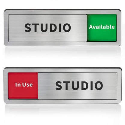 Studio Room Door Sign with Slider, Do Not Disturb Privacy Office Sign, In Use/Available Acrylic Sliding Indicator for Business Hospital Home, Brushed Silver 8" x 2.6" - style: STUDIO