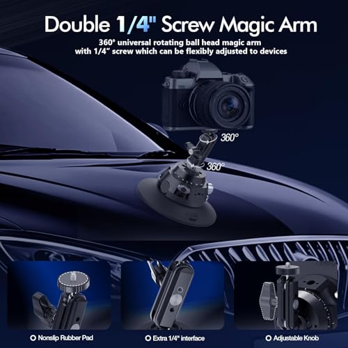 EMART Suction Cup Camera Mount with Adjustable Magic Arm, Metal 6" Suction Cup Mount Compatible with Camera, Action Cam, Phone, Universal 1/4"-3/8" Mount Holes for Windshield, Dash and Smooth Surface - size: 6 inch Magic Arm