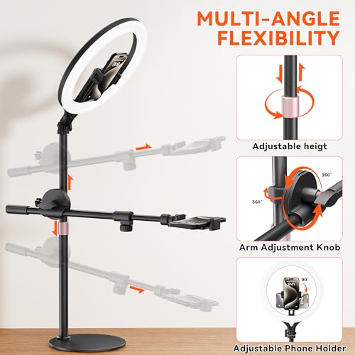 Ring Light with Stand is an Adjustable 11" Desk Ring Light,Featuring Overhead Phone Mount and Overhead Camera Mount with Light,Designed for Video Recording,YouTube,TikTok,Live Streaming