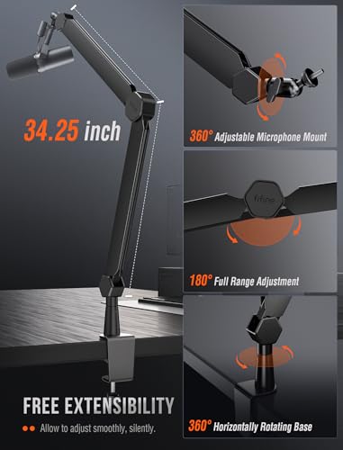 FIFINE Mic Arm Stand, Microphone Boom Arm with Desk Clamp, Cable Channels, 3/8" to 5/8" Threads, Heavy Metal Microphone Stand for Podcast, Vocal Recording, Gaming-BM66 Black - size: BM66 Black (Without Extension Tube)