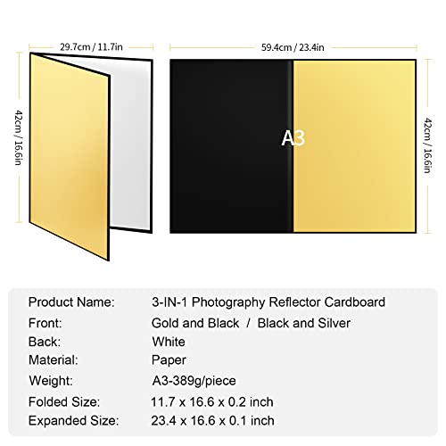 Meking 17x12 Inch 3 in 1 Light Reflector Photography Cardboard, Studio Foldable Light Diffuser Board for Still Life Product and Food Photo Shooting - Gold Silver and Black, White 2 Pack - color: Gold*1+Silver*1