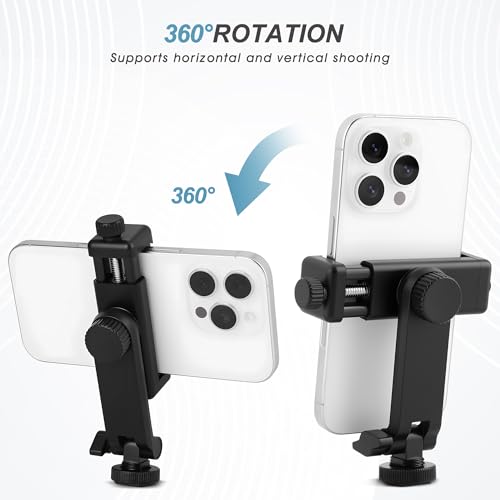 Universal Cell Phone Tripod Mount Adapter, Camera Hot Shoe Phone Holder Clamp with 360 Rotation Bracket 1/4" Screw Hole for Canon Nikon Sony DSLR iPhone Android - color: Black-with cold shoe