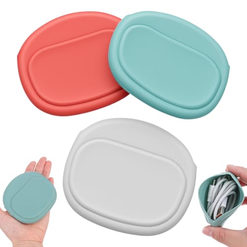 3 Pcs Silicone Headphone Organizer Mini Wired Headphone Organizer Data Cable Storage Case Portable Silicone Pouch Key Box for Storing Earbuds Flash Drive Keys(Red-Grey-Green)