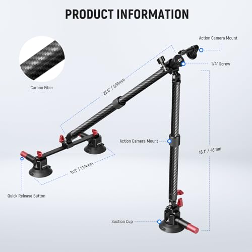 NEEWER Triple Suction Cup Car Mount Kit, Carbon Fiber Camera Mount with Action Camera Adapter, NATO Rail & 24"/60cm Extension Pole Compatible with GoPro Insta360, 2.2lb/1kg Max Load, CA136 - style: CA136