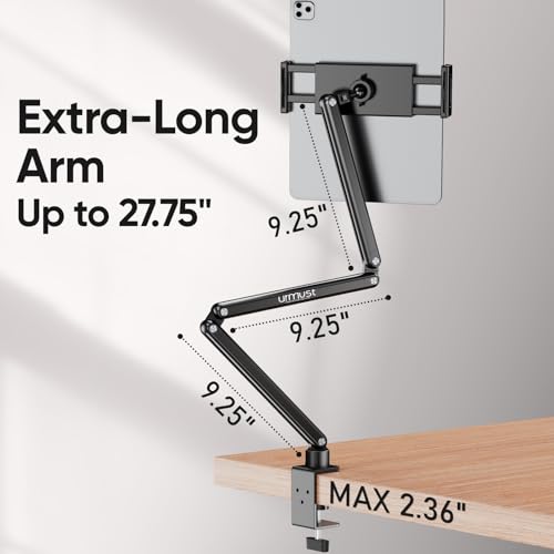 Urmust Tablet Stand for Desk, Adjustable iPad Holder for Bed, 360° Rotation, Sturdy Aluminum Tablet Arm Mount for 4.7"-15.6" iPad Pro/Air/Mini, iPhone, Galaxy Tab, for Kitchen, Work, Video Call - size: 3 Arm-Up to 15.6"