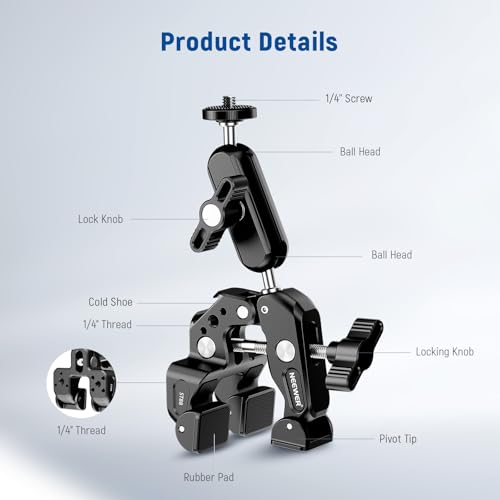 NEEWER Super Clamp with 3" Dual Ballhead Magic Arm, Camera Phone Clamp Mount with 1/4" 3/8" Threads, Cold Shoe, Phone Holder, Action Camera Adapter Compatible with GoPro DJI iPhone 16 15 Pro Max, ST88 - style: ST88