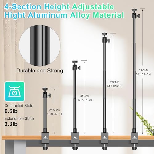 Ailight Desk Mount for Live Streaming, Instant Height Adjustable C-Clamp Stand with Ball Head & Phone Holder, 1/4" Screw for Camera/Smartphone/Webcam, Tool-Free Telescopic for Vlogging & Recording - size: TS6002