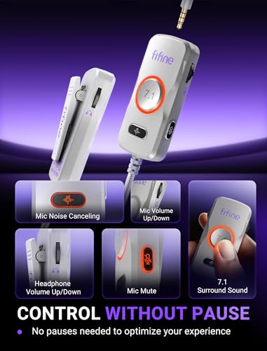 FIFINE Open Back Gaming Headset with 7.1 Surround Sound - Dual Wired USB/3.5mm Connection - USB Control Box - Detachable Mic, Over Ear Headphone for PC, PS4/5, Xbox, Switch, Mobile - H18V Lite WP - color: White and purple
