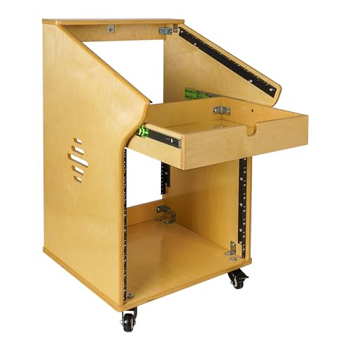 Sound Town DIY Solid Baltic Birch Plywood Studio Rack with 11U Slant Mixer Top, 10U Front, 2U Drawer, Rubber Feet, Casters, Golden Oak (SDRK-M11X10) - size: 10U,Golden Oak