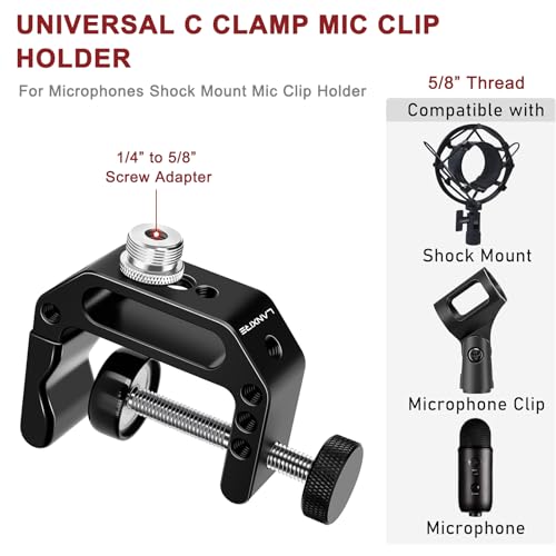 Microphone Holder C Clamp with 1/4" and 3/8" Threaded Holes, Mic Clip for Radio Studio, Podcast, Gaming, 5/8" Mic Screw Adapter for Microphones, Max Load 12lb / 5kg