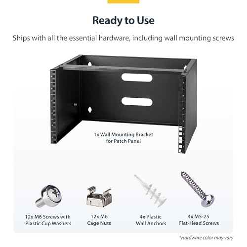 StarTech.com 6U Wall Mount Network Rack - 14 Inch Deep (Low Profile) - 19" Patch Panel Bracket for Shallow Server and IT Equipment, Network Switches - 44lbs/20kg Weight Capacity, Black (WALLMOUNT6) | Low-profile shallow rack, M6 screws and cage nuts, Ship