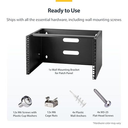 StarTech.com 6U Wall Mount Network Rack - 14 Inch Deep (Low Profile) - 19" Patch Panel Bracket for Shallow Server and IT Equipment, Network Switches - 44lbs/20kg Weight Capacity, Black (WALLMOUNT6) | Low-profile shallow rack, M6 screws and cage nuts, Ship