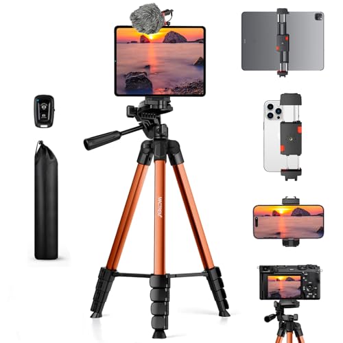 MACTREM 67" iPad Tripod Stand for Tablet Phone Camera with Remote Mount | 2-In-1 Holder Fits Ipad/Iphone Up To 12.9",Aluminum Extendable 17.7-67in,Remote, Video Recording/Vlogging,1/4" Screw Orange - color: Orange