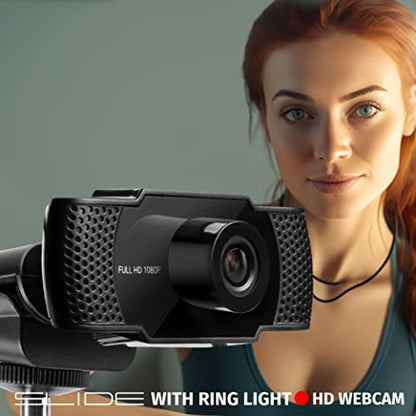 Slide 1080P HD Webcam with Portable Ring Light and Clamp-on Stand, Streaming Camera with Mic, 30 FPS, 30 Light Modes, 2 Flexible Arms, Secure Clamp, Includes Sliding Lens Cover and USB Cable - size: 1080P