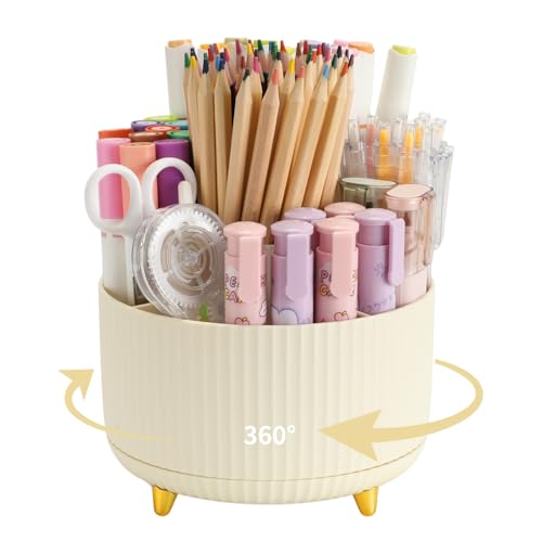 Camelmother 360°Rotating Pen&Pencil Holder For Desk With 5Slots Cute Office | Spacious Beautiful & Durable For Teachers Students Workers Easy Storage for Pens Stationery - color: beige