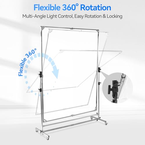 WELLMAKING 79x59 inch Professional Photography Light Diffuser Screen - 360° Rotatable Frame, Quick Setup, Adjustable Stand with Casters for Studio Portrait Video Shooting, White, Silver, Black