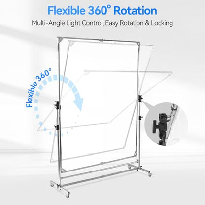 WELLMAKING 79x59 inch Professional Photography Light Diffuser Screen - 360° Rotatable Frame, Quick Setup, Adjustable Stand with Casters for Studio Portrait Video Shooting, White, Silver, Black