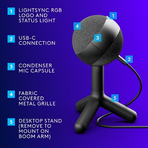Logitech G Yeti Orb Condenser RGB Gaming Microphone with LIGHTSYNC, USB Mic for Streaming, Cardioid, USB Plug and Play for PC/Mac - Black - color: Black