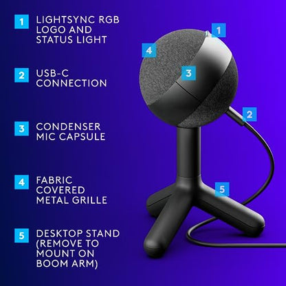 Logitech G Yeti Orb Condenser RGB Gaming Microphone with LIGHTSYNC, USB Mic for Streaming, Cardioid, USB Plug and Play for PC/Mac - Black - color: Black