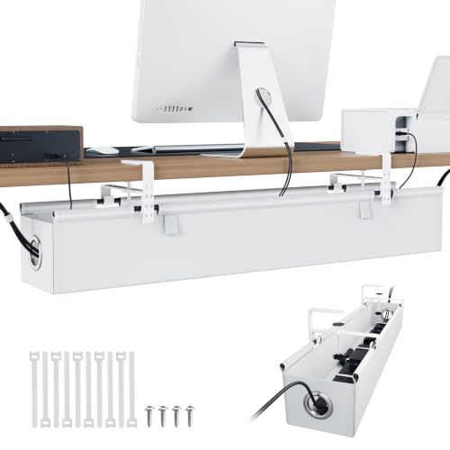 KEEGH Under Desk Cable Management Tray 36", Fabric Clamp/Screw Mount Cord Organizer, No Drill Under Desk Cable Tray for Home, Offices, Studios, Gaming Room (White) - color: White