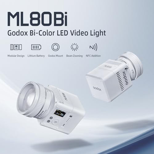 Godox ML80Bi COB Video Light w/95Wh Detachable Battery, Brighter Bi-Color Led Video Light 29600lux@5600K 1m, CRI 96, 2800K-6500K,11FX, Dimming 0%~100%, Portable Continuous Output Lighting Photography - color: ML80Bi