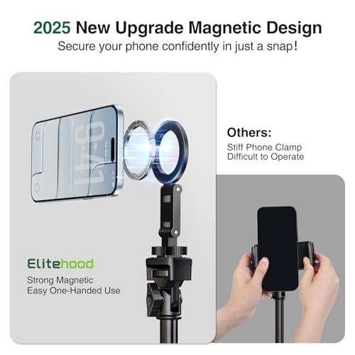 elitehood Magsafe Tripod Mount Adapter with 1/4” Screw & Hot Shoe, Lightweight Compact Cell Phone Tripod Mount for Camera, iPhone Camera Holder with Dual Hinges for iPhone 17 16 15 14 13 Series - size: 2.5 inches arm with Cold Shoe Base