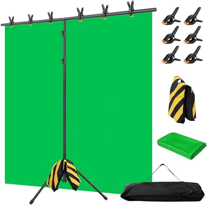 Green Screen Backdrop with Stand, 8x7.2ft Portable Greenscreen Background with Stand, T-Shape Green Screen Stand kit with 6 Spring Clamps, Sandbag, Carry Bag for Zoom, Video - size: 8x7.2 FT