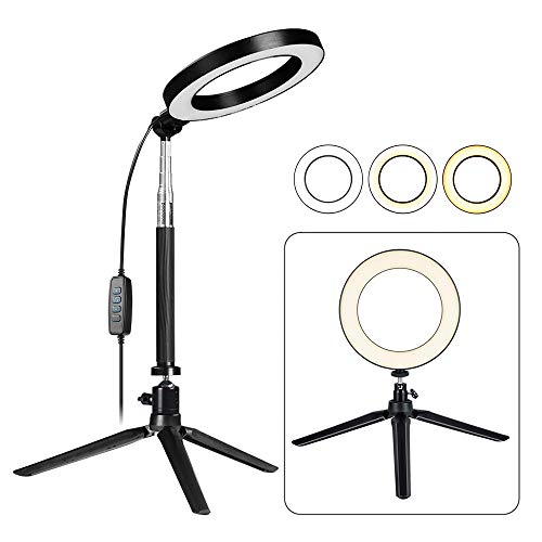 LED Ring Light with Stretchable Tripod Stand Selfie Stick, 6-inch Dimmable Floor/Table Annular Lamp for Selfie, Makeup, Live Stream, YouTube, Vlog, Camera/Phone Video Shooting USB Plug - color: Black-6''