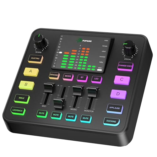 PUPGSIS Gaming Audio Mixer, Audio Interface for pc,1/4" TRS Dynamic Mic interface,Sound Board With voice changer, Pro-Preamp, Noise Cancellation, RGB, Bluetooth For Streaming/Podcasting/Gaming - color: Black