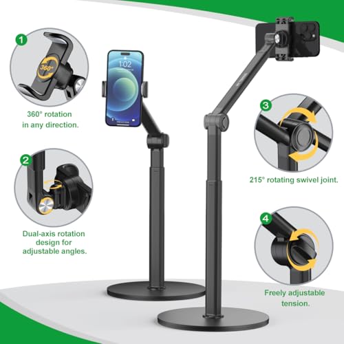 Overhead Phone Stand for Desk, Heavy Duty Aluminum Overhead Phone Tripod with Flexible Long Arm, 360° Rotating Phone Holder for Filming Overhead, Drawing, Cooking – Perfect for Creators(Clip) - style: Clip