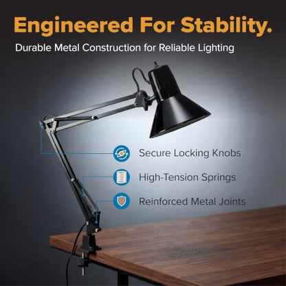 Bostitch Office VLF100 LED Swing Arm Desk Lamp with Clamp Mount, 36" Reach, Includes LED Bulb,Black - style: Clamp, Black