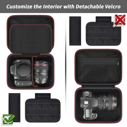 Comecase Hard Camera Case for Canon R50/R100/T7, for Sony A6400/ZV-E10 | Small Camera Bag with Hard EVA Shell, Adjustable Dividers, 6 Battery/SD Organizer Slots and Shoulder Strap, case only, Black - color: Black+Red Zipper