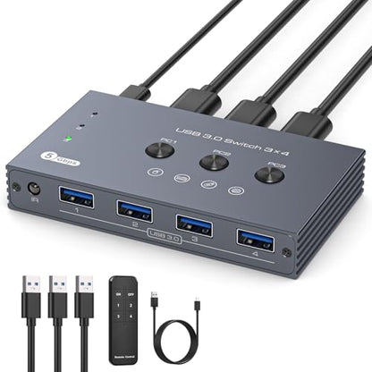 THXCDBID USB 3.0 Switch 3 Computers Sharing 4 USB-A Port USB Switch Selector 5Gbps Sharing Keyboard Mouse Printer Scanner Includes 3 USB 3.0 Input Cables and IR Remote Control