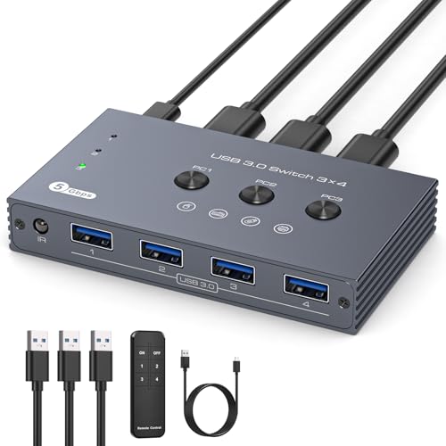 THXCDBID USB 3.0 Switch 3 Computers Sharing 4 USB-A Port USB Switch Selector 5Gbps Sharing Keyboard Mouse Printer Scanner Includes 3 USB 3.0 Input Cables and IR Remote Control