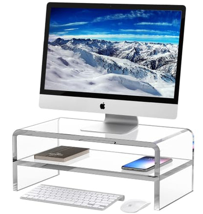 Egchi Acrylic Monitor Stand Riser, 2 Tier Clear Computer Monitor Stand for Home Office Business, PC Desk Stand Monitor Riser for Keyboard Storage, Laptop, Printer and TV Screen -12x7.2x5.12 inches - size: 12''x7.3''x5.12''-2 Tiers