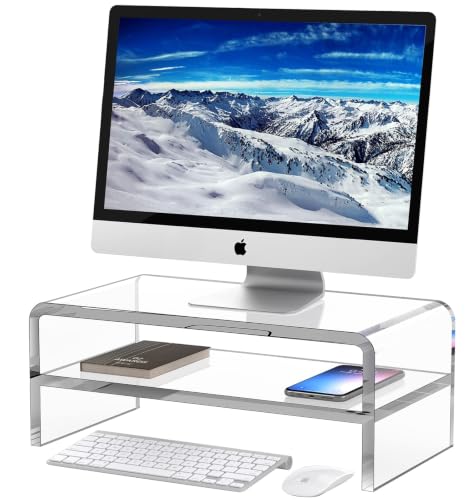 Egchi Acrylic Monitor Stand Riser, 2 Tier Clear Computer Monitor Stand for Home Office Business, PC Desk Stand Monitor Riser for Keyboard Storage, Laptop, Printer and TV Screen -12x7.2x5.12 inches - size: 12''x7.3''x5.12''-2 Tiers