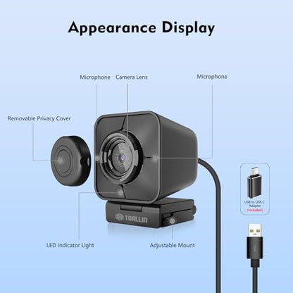 TOALLIN 4K Webcam for Streaming, Remote Control, 1/2.5" Sensor & 12MP, PDAF Auto-Focus, 5X Digital Zoom and Image Mirroring, Dual Noise-Reduction Mics, USB Web Camera for Conferencing, Video Calls