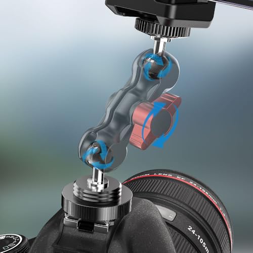 SOH Hot/Cold Shoe Phone Mount Holder, Universal 2 Ball Head Smartphone Mount Adapter, Cold Shoe Phone Clip Mount for iPhone 17/16/15, DSLR Camera LCD Camera Cage Flash LED Light Microphone and More - color: BLACK&RED