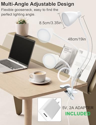 BOHON Clamp Lamp 5 Color Modes 10 Brightness Dimmer Bedside Lamp, White | Reading Light 10W 38 LED Desk Lamp with Auto Off Timer 360° Flexible Gooseneck Clip on Light for Bed Office, Adapter Include - color: White