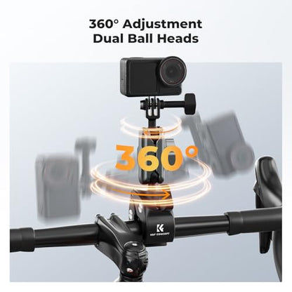 K&F CONCEPT Super Clamp Camera Mount with 360° Dual Ball Head, Bike/Motorcycle Handlebar Mount Compatible with DJI Action 6/5/4/3, Hero 13/12/11/10, 360 X5 X4 - style: Super Clamp with Phone Holder