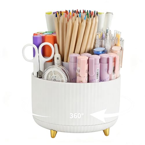 Camelmother 360°Rotating Pen&Pencil Holder For Desk With 5Slots Cute Office | Spacious Beautiful & Durable For Teachers Students Workers Easy Storage for Pens Stationery - color: white