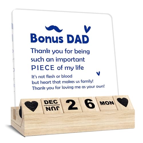 Stepdad Gifts Desk Calendar - Father's Day Birthday Gifts for Stepdad, Wooden Block Calendar for Desk Decor, Bonus Dad Acrylic Sign - color: Blue - Bonus Dad