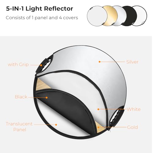 K&F CONCEPT 43''/110cm 5-in-1 Light Reflector with Handle Grip and Bag, Multi Disc Collapsible Portable Photography Diffuser Gold, Silver, White, Black, Translucent for Studio and Outdoor Lighting - size: 43 inches (110 cm)