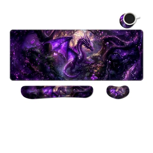 MIBITRI Keyboard Mouse Pad Set, Extended Gaming Mouse Pad+Ergonomics Keyboard Wrist Rest Support, Memory Foam, Easy Typing Pain Relief, 4Pcs XXL Ultra Thick Desk Mat, Dragon - color: Dragon
