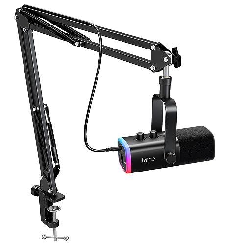 FIFINE XLR/USB Gaming Microphone Set, Dynamic PC Mic for Streaming Podcasting, Computer RGB Mic Kit with Boom Arm Stand, Mute Button, Headphones Jack, for Recording Vocal Voice-Over-AmpliGame AM8T - color: Black