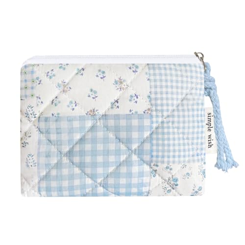 Cotton Quilted Floral Coin Purse Digital Camera Pouch with Cute Prints Zipper for Women Girls (BLUE PATCH) - color: BLUE PATCH