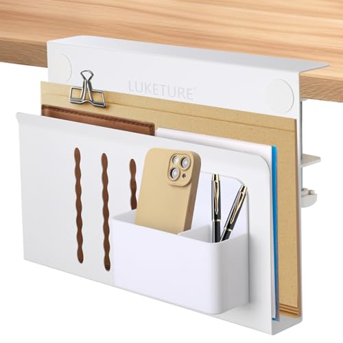 LUKETURE Desk Side Storage, No Drill Laptop Mount with Pen Holder, Clamp-On | Fits Flat Edge Desks 0.3 to 2.8 Inches,Secure Grip on Wood, Glass, or Metal Surfaces Without Slipping - color: White, size: M(1 Tier)
